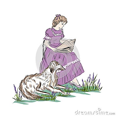 Girl reads book outdoors with dog Vector Illustration